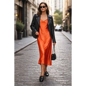 Y2K Bebe Copper Satin Slip Dress Size L Cowl Neck Spaghetti Straps Midi USA Made